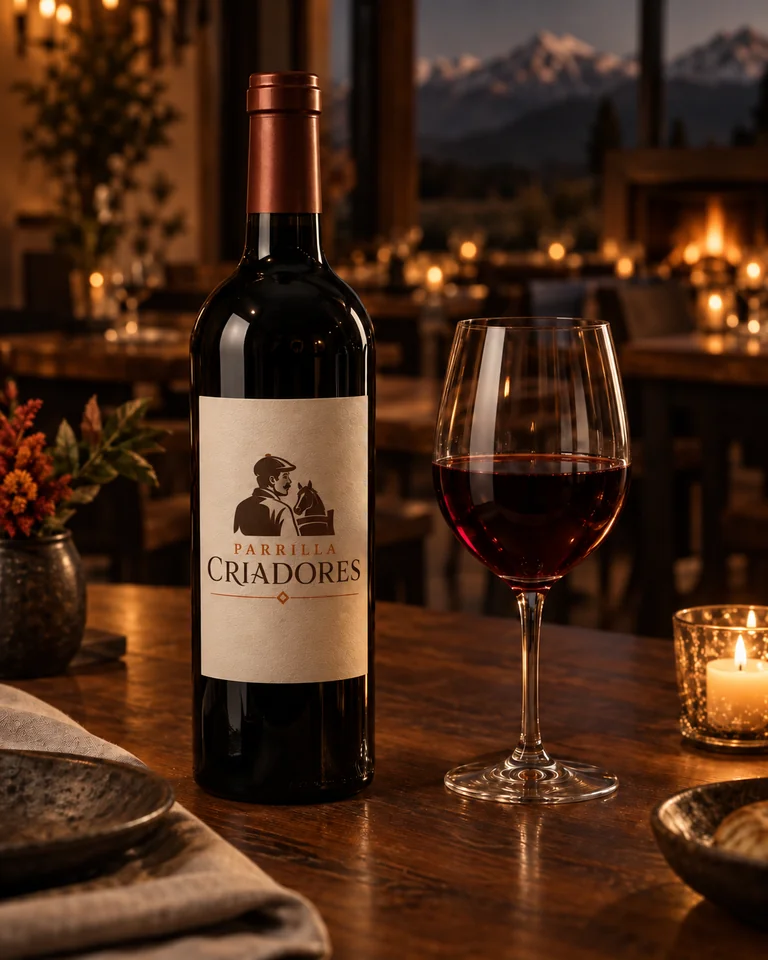 Botella con el logotipo de Parrilla Criadores y una copa de vino tinto